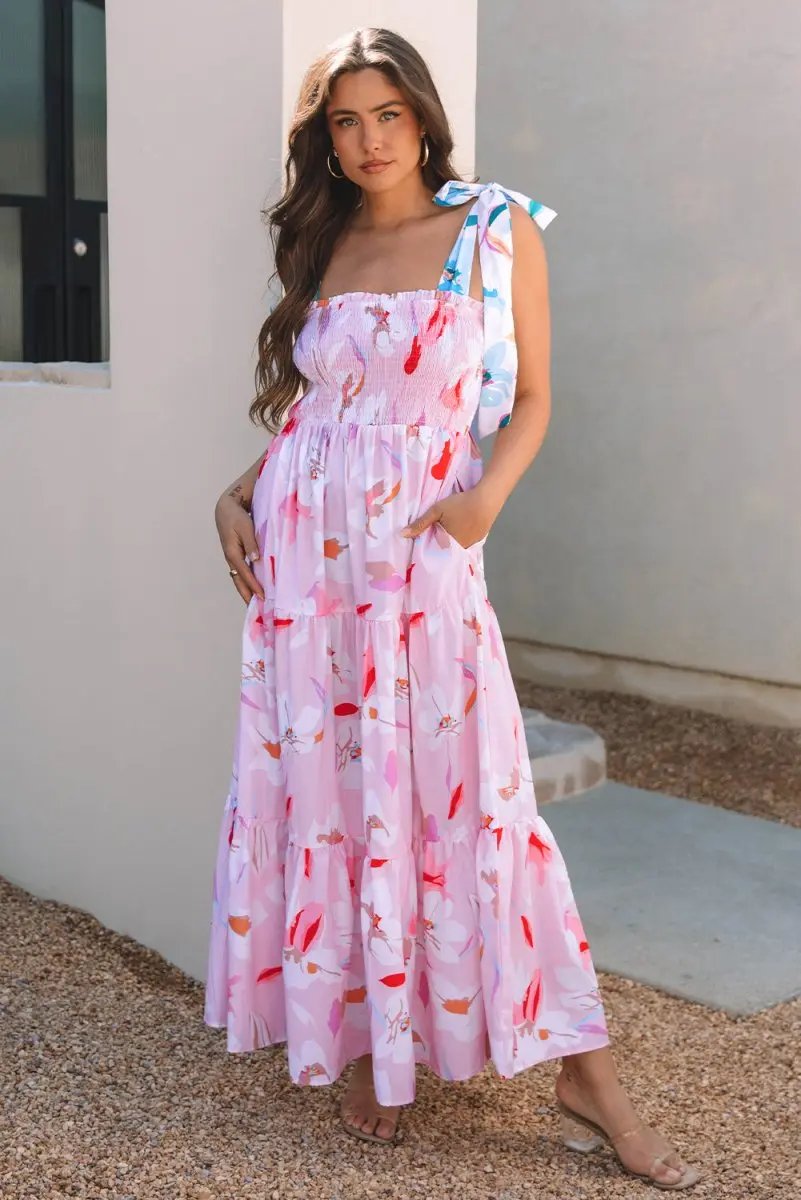 Pink Floral Print Knotted Shoulder Smocked Maxi Dress - Love Salve